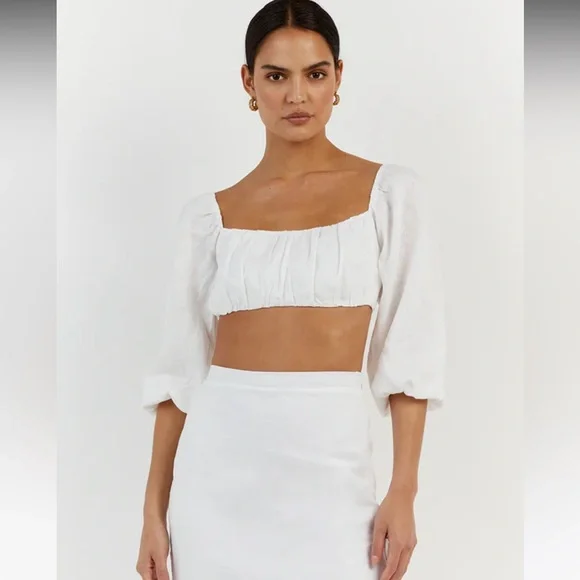 DISSH White Puff Sleeve Linen Crop Top - Picture 1 of 14